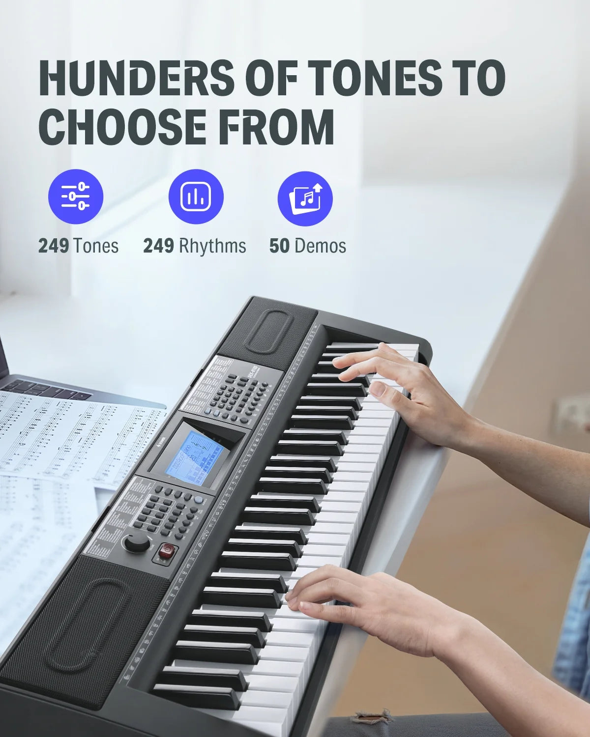 Upgraded 61 Key Piano Keyboard, Electric Keyboard Kit with 249 Voices, 249 Rhythms - Includes Piano Stand, Stool, Microphone, Gift for Beginners, Black (DEK-610S)