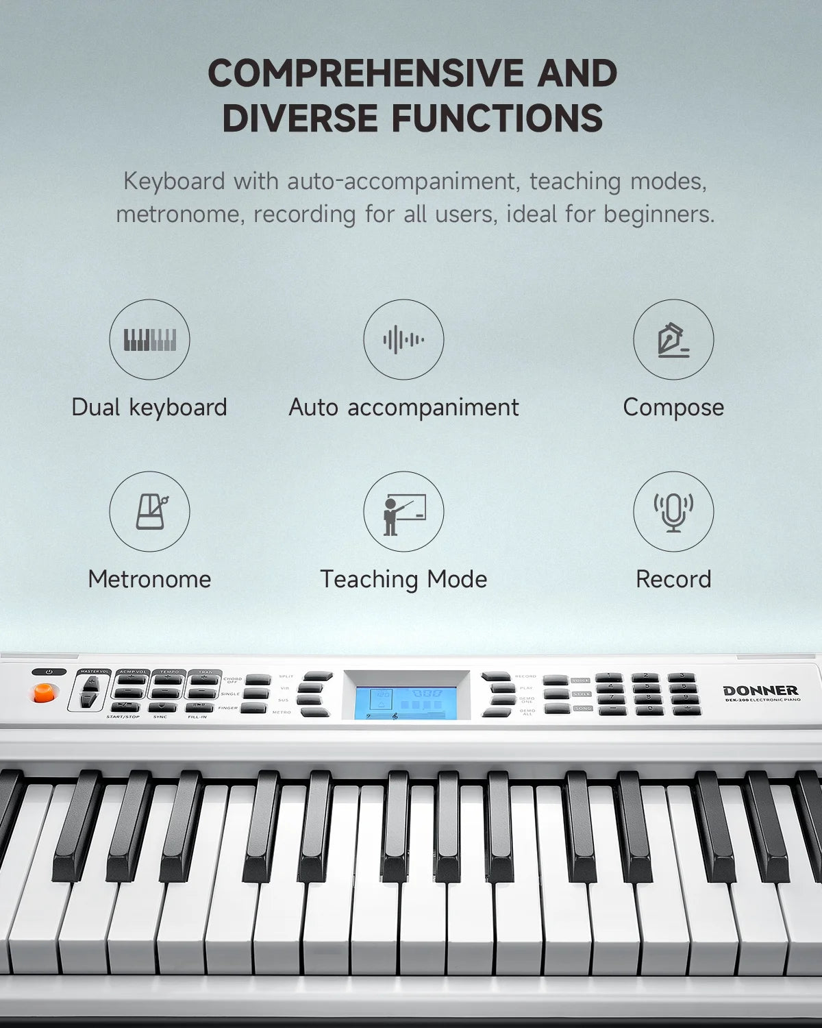 DEK-200 61 Key Electronic Piano Keyboard Set, Auto Accompaniment, Record, Includes 300 Tones, with Stand, Bench, Microphone, White