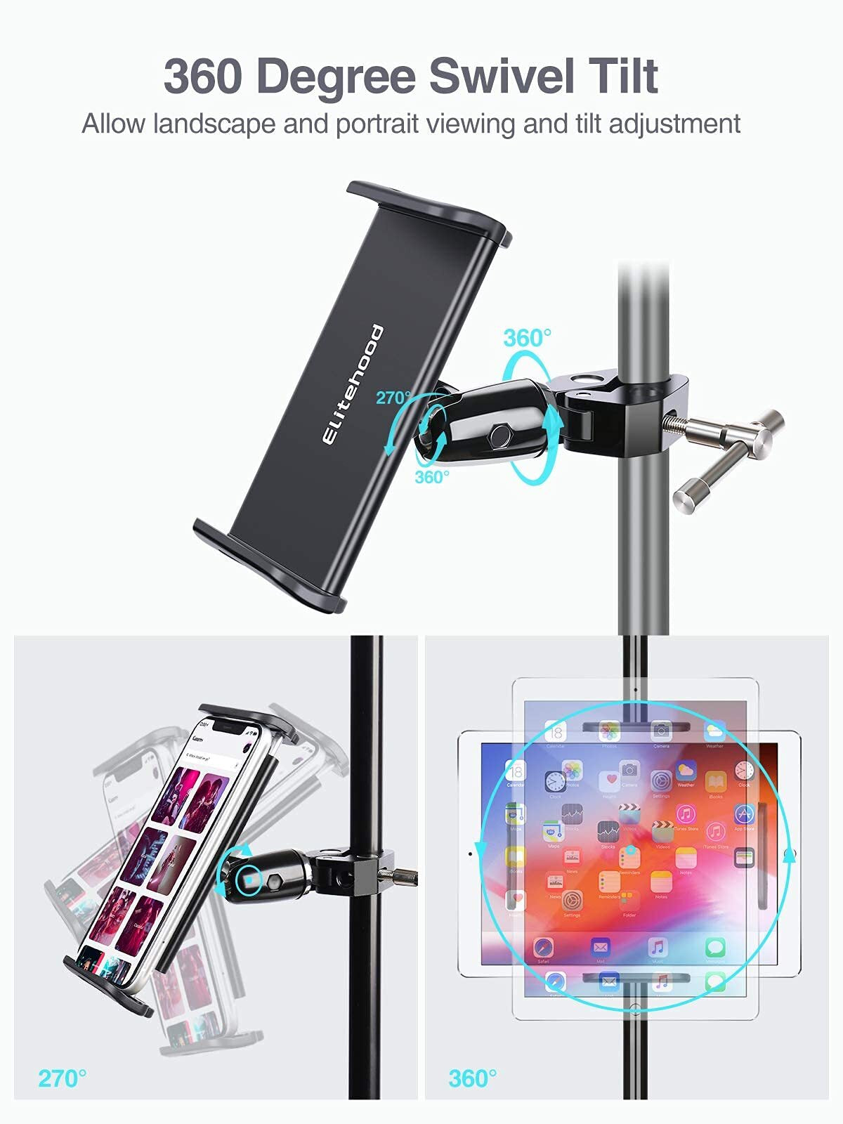 Metal Ipad Mic Stand Holder, 360° Swivel Tilt Microphone Stand Phone Holder M...