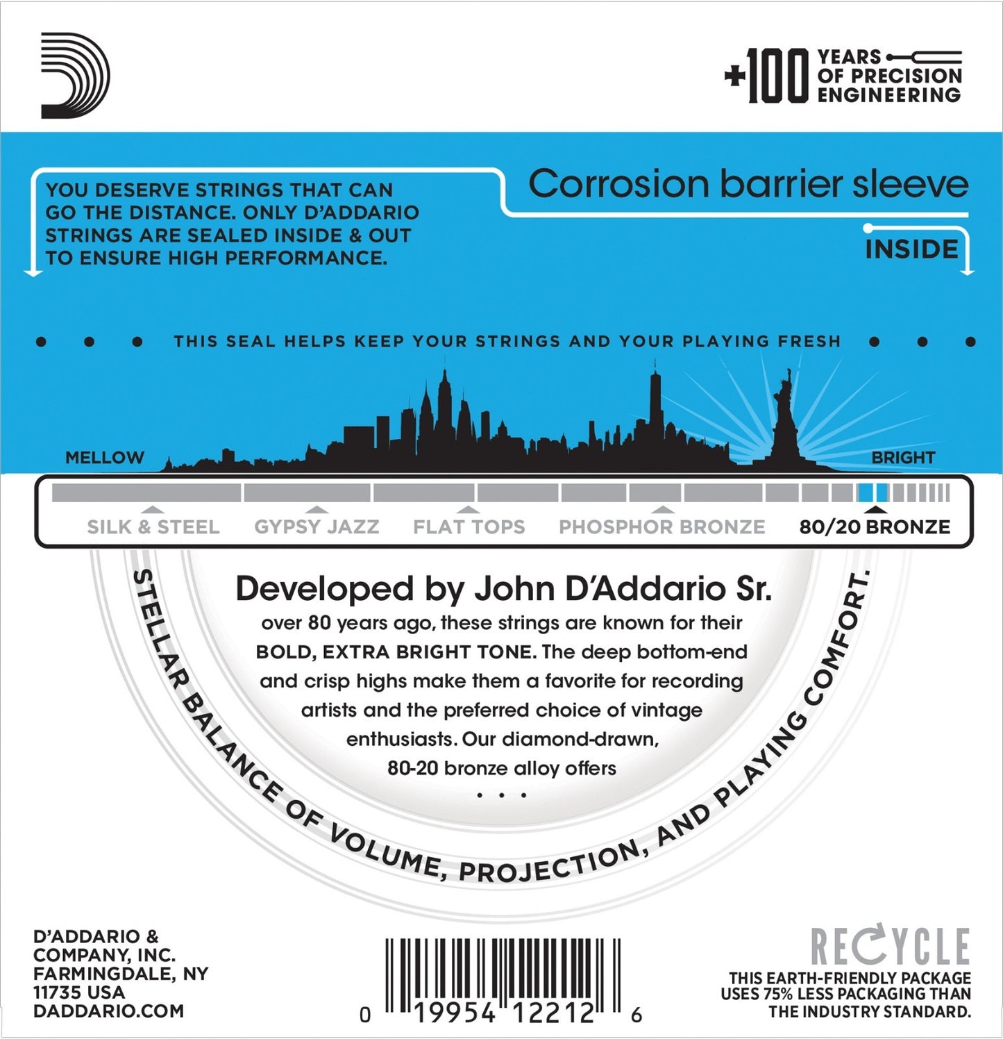 D'Addario EJ11 Light Acoustic Guitar Strings 80/20 Bronze 12-53