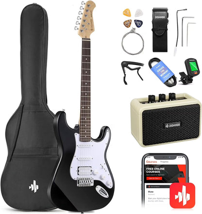 DST-100B 39" Electric Guitar Beginner Kit Solid Body Full Size HSS for Starter, with Amplifier, Bag, Digital Tuner, Capo, Strap, String, Cable, Picks, Black