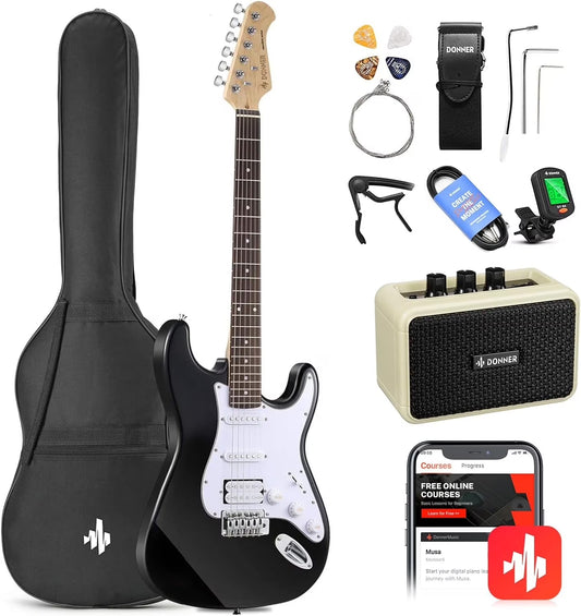 DST-100B 39" Electric Guitar Beginner Kit Solid Body Full Size HSS for Starter, with Amplifier, Bag, Digital Tuner, Capo, Strap, String, Cable, Picks, Black