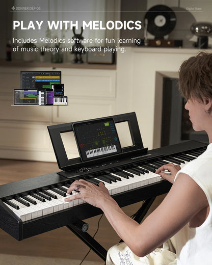 Portable Digital Piano 88-Key Synth Action Keyboard with X Stand, Pedal, Auto-Accompaniment for Beginner, 128 Tones, 83 Rhythms, Support Usb/Midi/Melodics, Wireless Connection