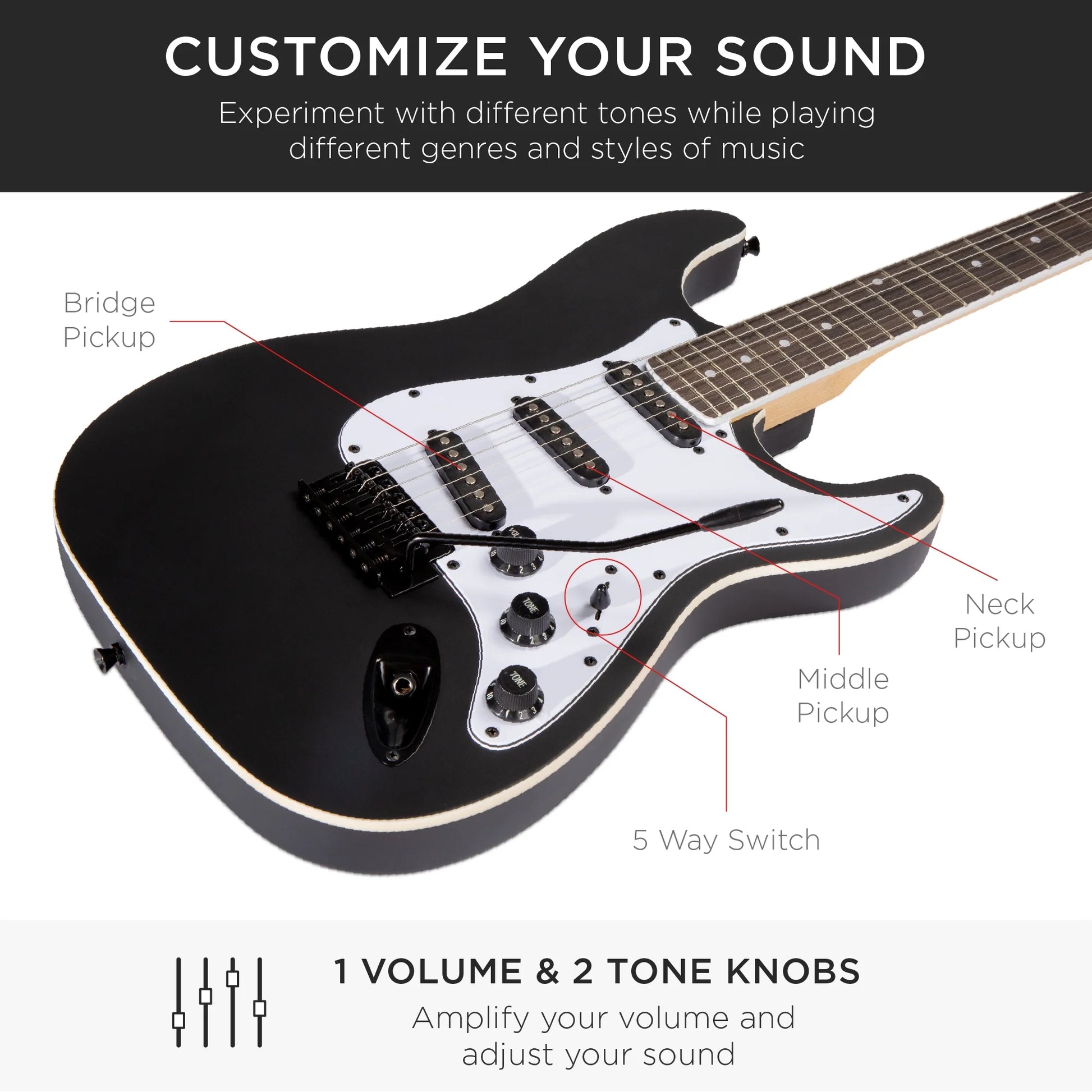 39In Full Size Beginner Electric Guitar Kit with Case, Strap, Amp, Whammy Bar - Jet Black