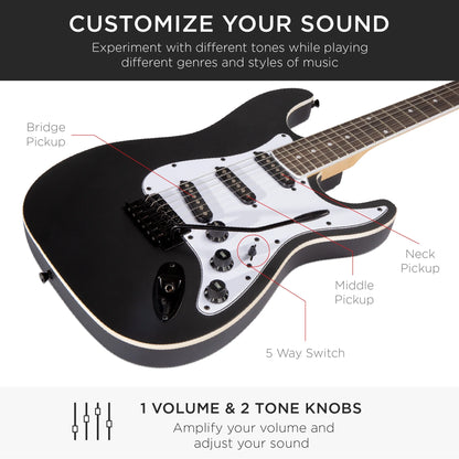 39In Full Size Beginner Electric Guitar Kit with Case, Strap, Amp, Whammy Bar - Jet Black