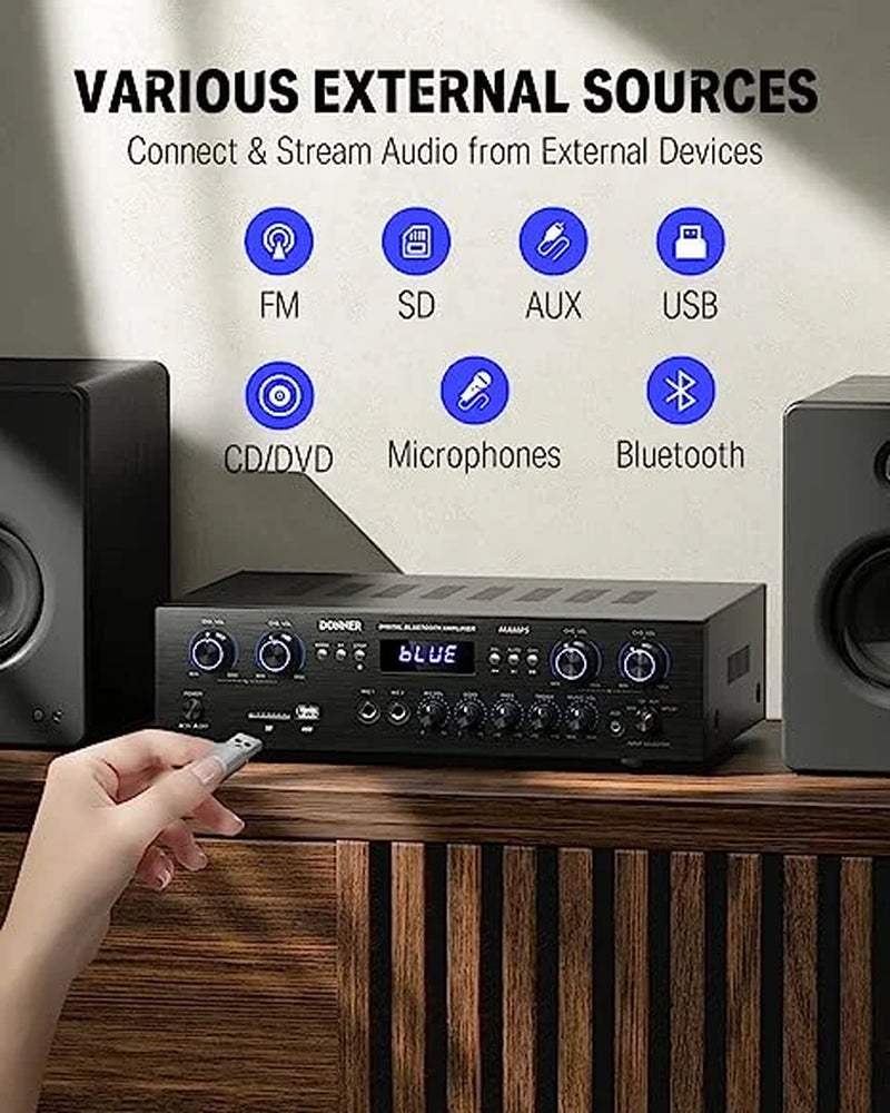 Stereo Receiver 4 Channel 1000W Peak Power Home Theater Amp Amplifier USB SD, for Outdoor Speakers Karaoke
