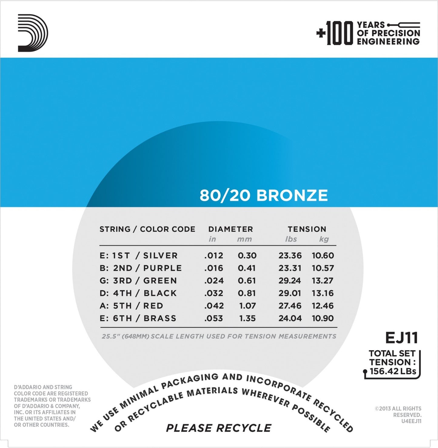 D'Addario EJ11 Light Acoustic Guitar Strings 80/20 Bronze 12-53