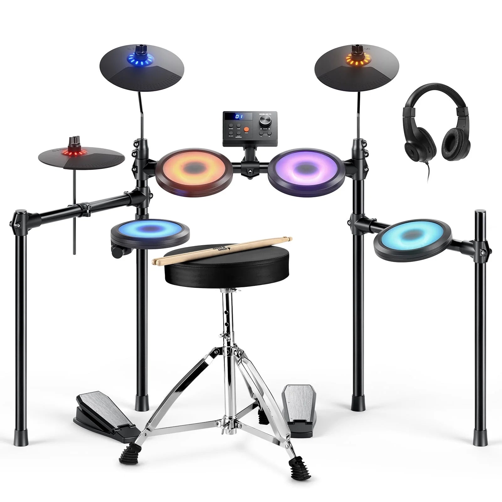 Electric Drum Set with LED Light Up, 150+ Sounds, USB MIDI, Type-C Charging, 4 Quiet Mesh Pad Electronic Dums Kit for Beginner Kids