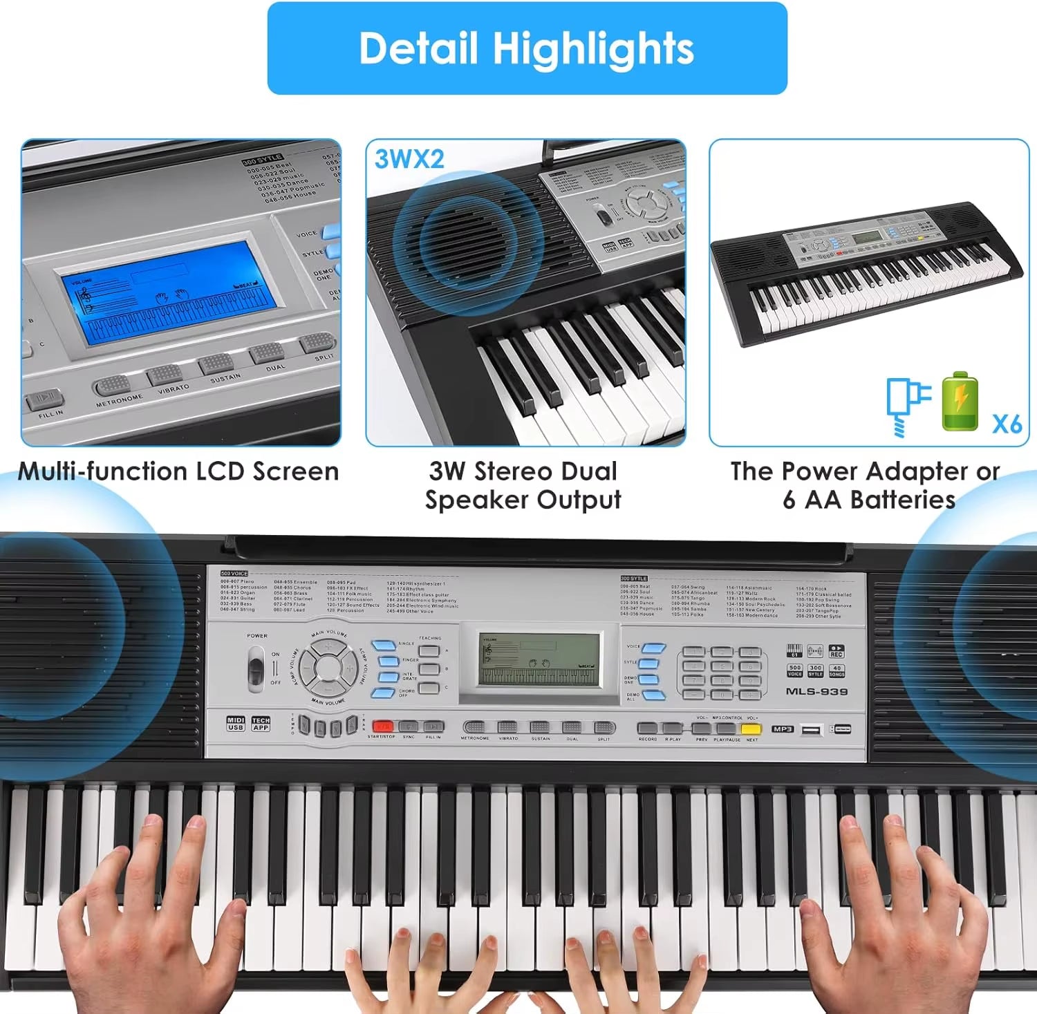 Keyboard Piano Digital Piano 61 Keys, Electric Piano Keyboard for Beginners, 300 Sounds & Teaching Function, Electronic Keyboard