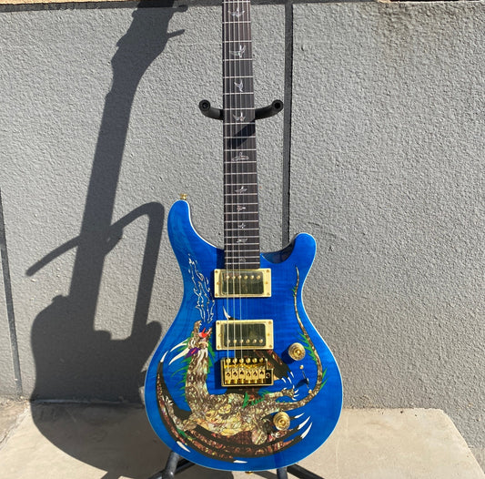 Amazing Blue PRS Electric Guitar Dragon Pattern 6 String Mahogany Body