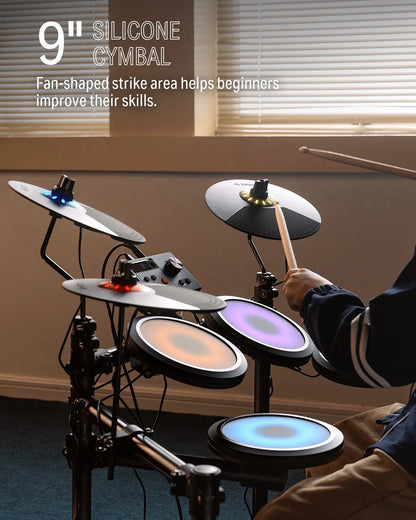 Electric Drum Set with LED Light Up, 150+ Sounds, USB MIDI, Type-C Charging, 4 Quiet Mesh Pad Electronic Dums Kit for Beginner Kids