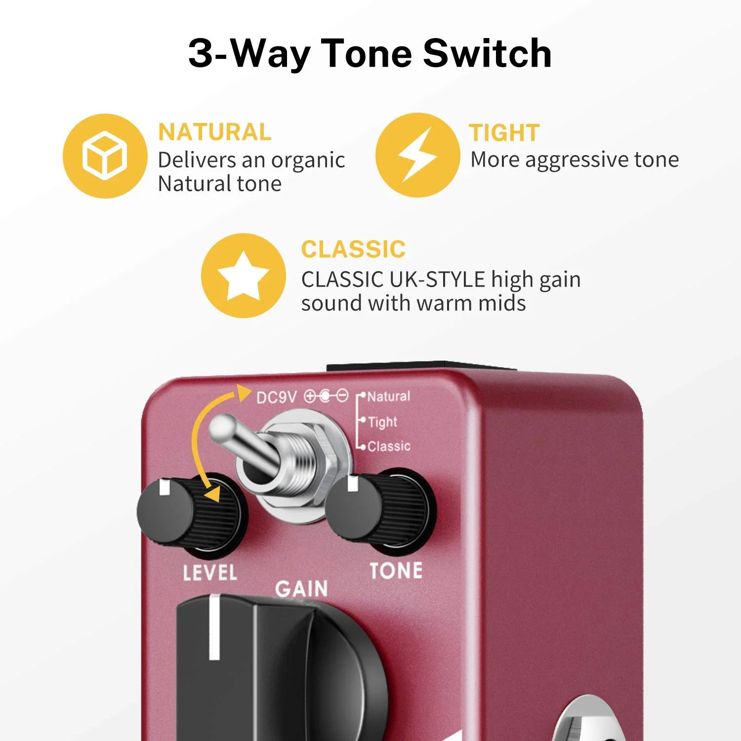 Distortion Guitar Pedal, Morpher Distortion 3 Modes Natural, Tight, Classic Crunch 80S Metal for Electric Guitar True Bypass