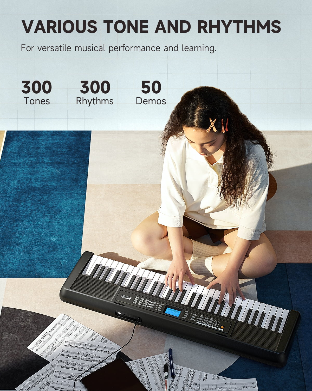 DEK-200 61-Key Piano Full-Size Electronic Keyboard Set, Auto Accompaniment, Metronome,, Includes 300 Tones, with Stand, Bench, Microphone