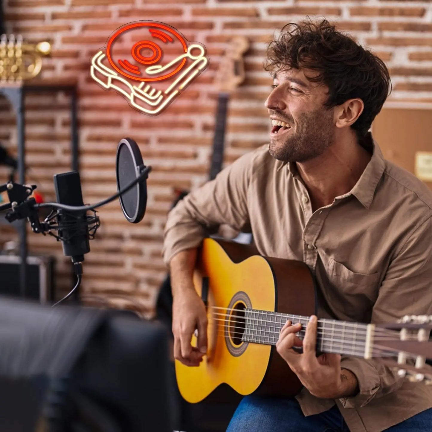 Record Player Neon Sign Retro Red Warm Music Record Neon Light for Music Studio Decor Live Music Bedroom Beer Bar Decoration