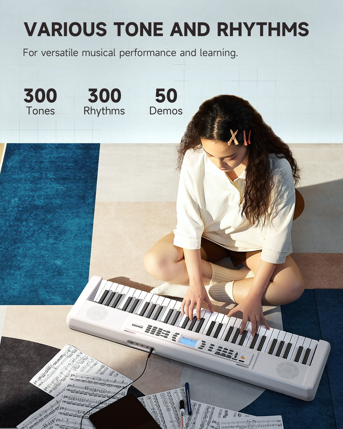 DEK-200 61 Key Electronic Piano Keyboard Set, Auto Accompaniment, Record, Includes 300 Tones, with Stand, Bench, Microphone, White