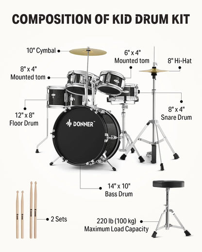 Kids Junior Drum Set for Beginner, 14" 5-Piece Percussion Instrument Practice Learning, Black