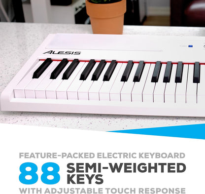 Recital White - 88 Key Digital Piano Keyboard with Semi-Weighted Keys, 2X20W Speakers, 5 Voices, Split, Layer and Lesson Mode, FX and Piano Lessons