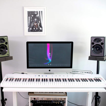 Recital White - 88 Key Digital Piano Keyboard with Semi-Weighted Keys, 2X20W Speakers, 5 Voices, Split, Layer and Lesson Mode, FX and Piano Lessons