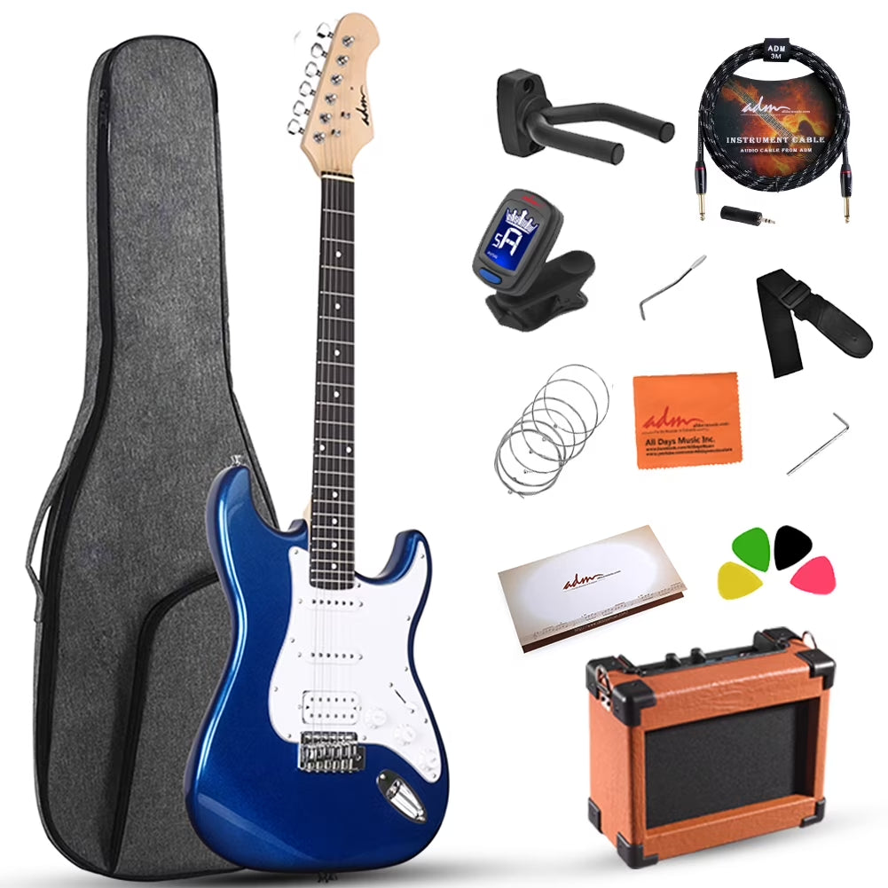 Electric Guitar Solid-Wood Body 39 Inch Beginner Kit with Amplifier, Strap, String, Tuner, Cable, Picks (Blue)
