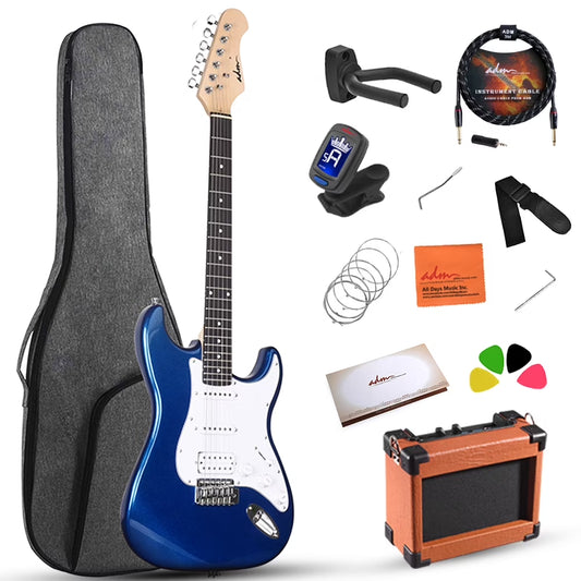 Electric Guitar Solid-Wood Body 39 Inch Beginner Kit with Amplifier, Strap, String, Tuner, Cable, Picks (Blue)