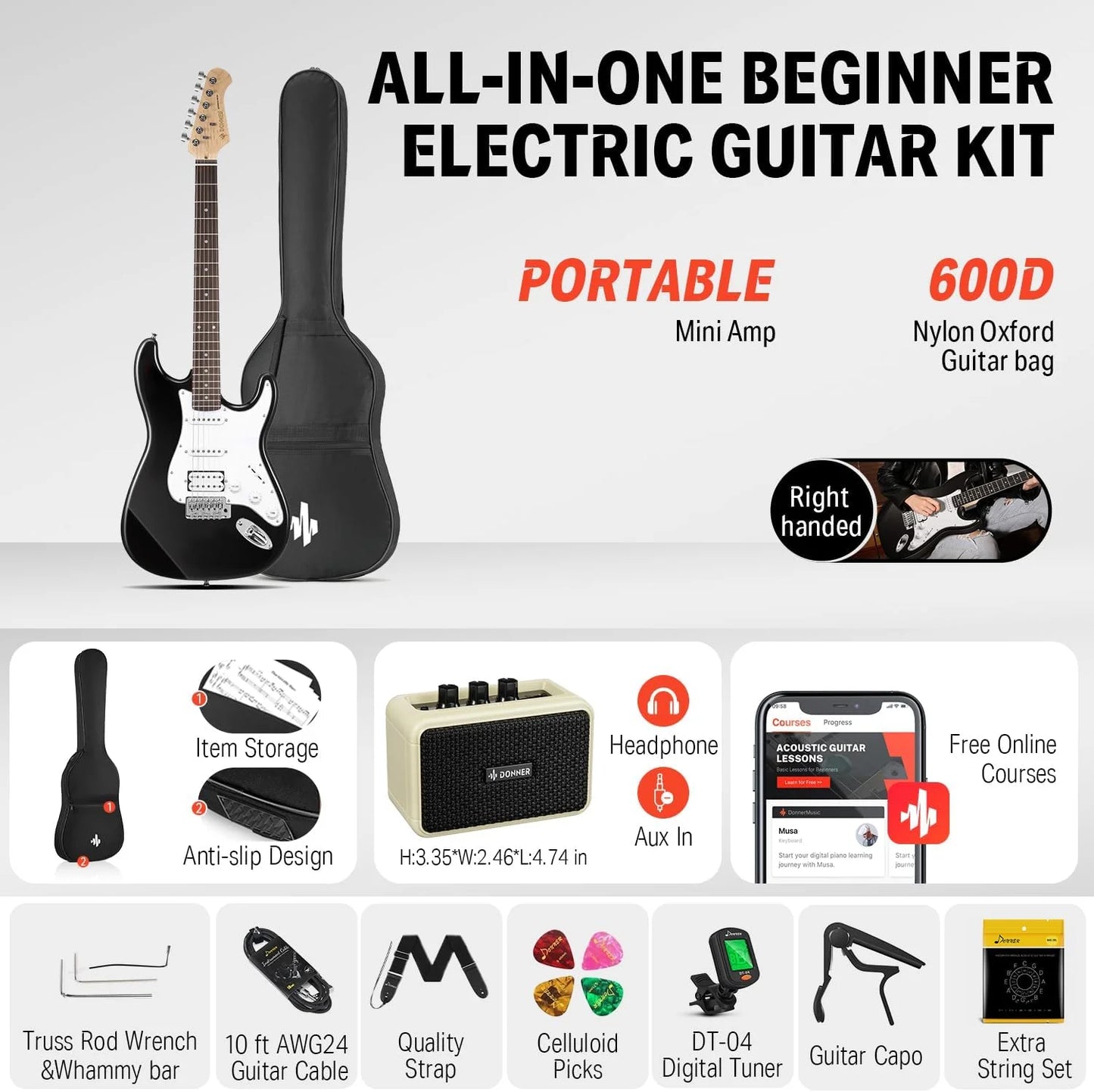 DST-100B 39" Electric Guitar Beginner Kit Solid Body Full Size HSS for Starter, with Amplifier, Bag, Digital Tuner, Capo, Strap, String, Cable, Picks, Black