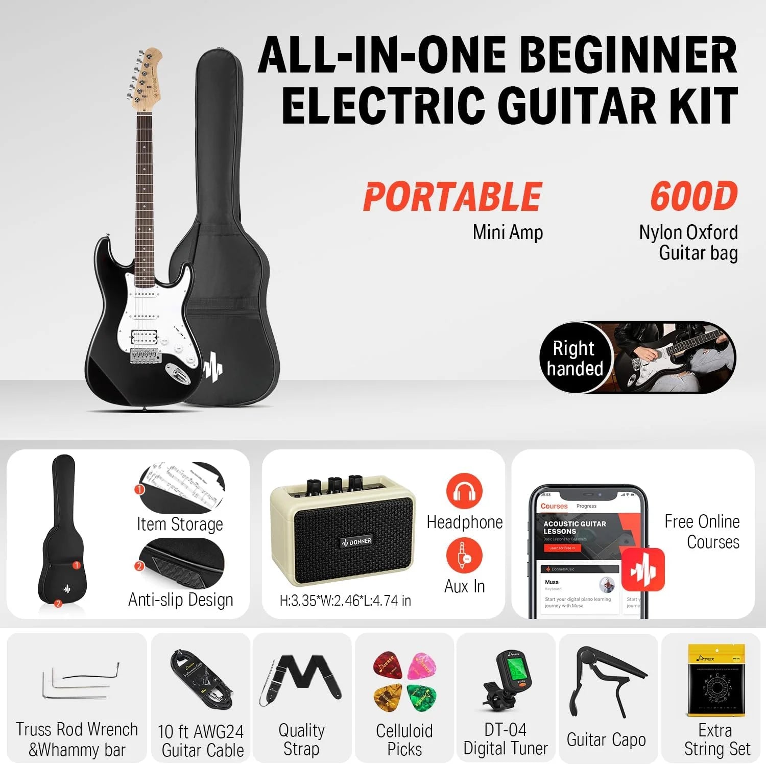 DST-100B 39" Electric Guitar Beginner Kit Solid Body Full Size HSS for Starter, with Amplifier, Bag, Digital Tuner, Capo, Strap, String, Cable, Picks, Black