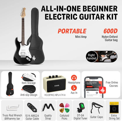 DST-100B 39" Electric Guitar Beginner Kit Solid Body Full Size HSS for Starter, with Amplifier, Bag, Digital Tuner, Capo, Strap, String, Cable, Picks, Black