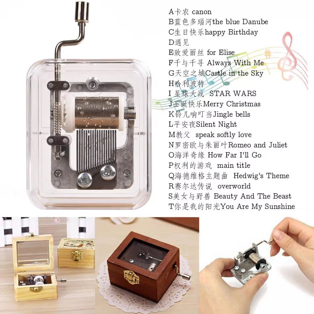 Mini Music Box Hand Cranking Music Movement Transparent DIY Music Box for Christmas Gift Merry Christmas a Variety of Music