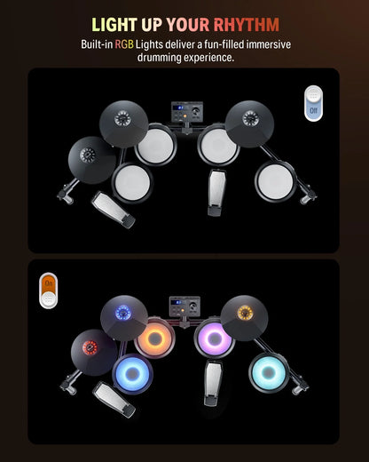 Electric Drum Set with LED Light Up, 150+ Sounds, USB MIDI, Type-C Charging, 4 Quiet Mesh Pad Electronic Dums Kit for Beginner Kids