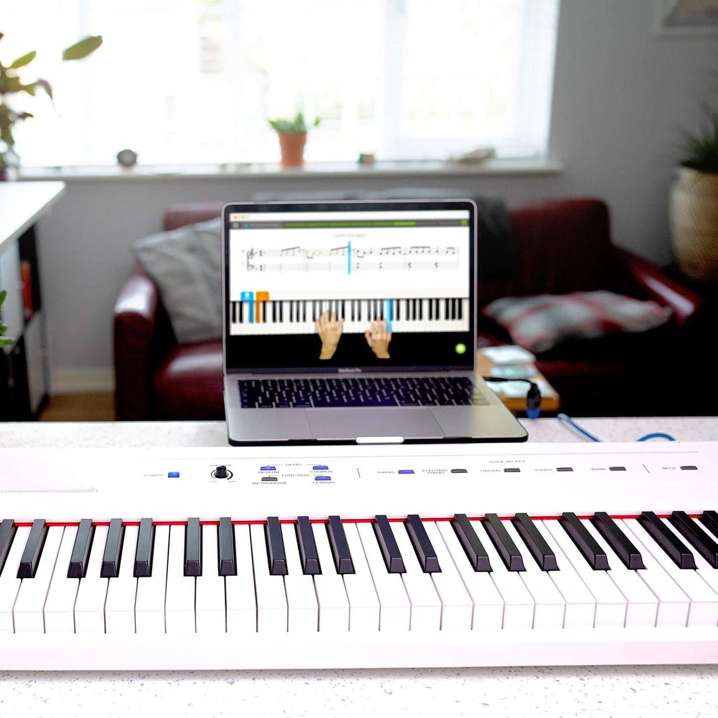 Recital White - 88 Key Digital Piano Keyboard with Semi-Weighted Keys, 2X20W Speakers, 5 Voices, Split, Layer and Lesson Mode, FX and Piano Lessons