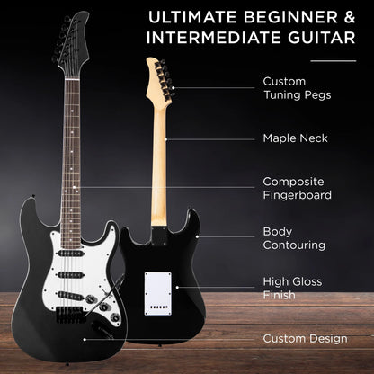 39In Full Size Beginner Electric Guitar Kit with Case, Strap, Amp, Whammy Bar - Jet Black