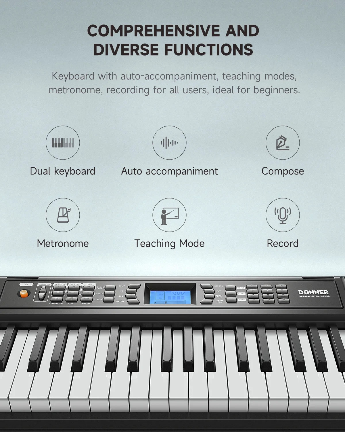 DEK-200 61-Key Piano Full-Size Electronic Keyboard Set, Auto Accompaniment, Metronome,, Includes 300 Tones, with Stand, Bench, Microphone