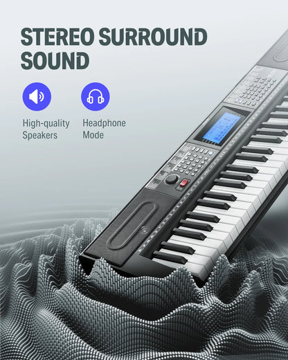 Upgraded 61 Key Piano Keyboard, Electric Keyboard Kit with 249 Voices, 249 Rhythms - Includes Piano Stand, Stool, Microphone, Gift for Beginners, Black (DEK-610S)