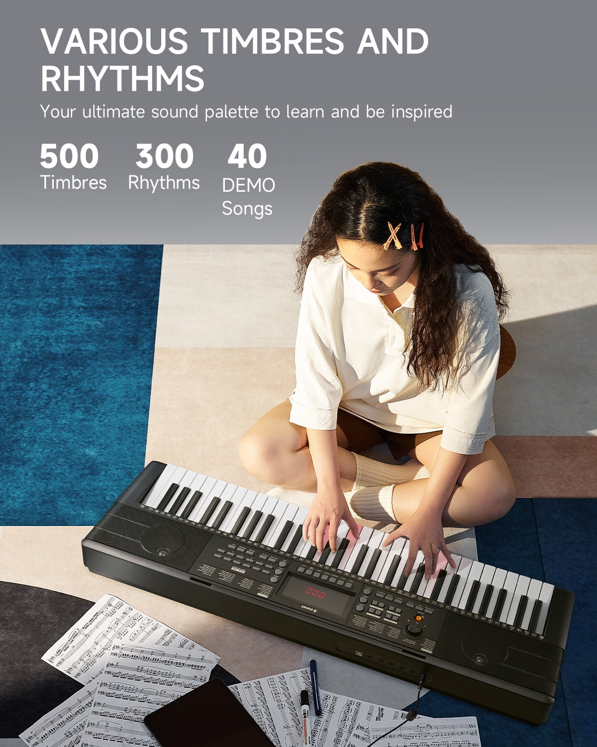 DEK-300 61-Key LED Electronic Keyboard Piano with Interactive Light-Up Keys – All-In-One Bundle with Stand & Bench, 500 Timbres, 300 Rhythms, Teaching Mode for Beginners