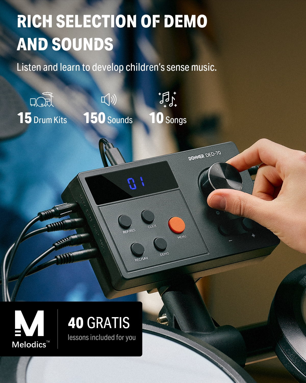 Electric Drum Set for Kids, 150+ Sounds, 15 Drums Kit, 10 Demo Songs, 4 Quiet Mesh Pad Kits for Beginner, Ded-70