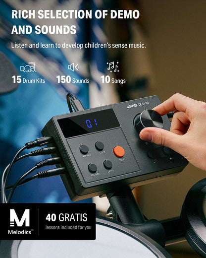 Electric Drum Set for Kids, 150+ Sounds, 15 Drums Kit, 10 Demo Songs, 4 Quiet Mesh Pad Kits for Beginner, Ded-70