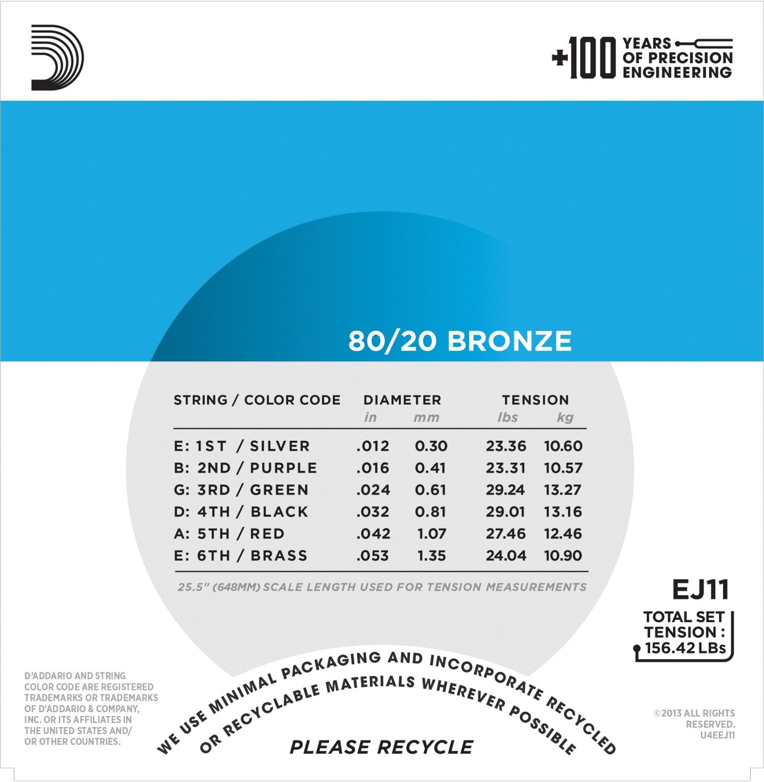 D'Addario EJ11 Light Acoustic Guitar Strings 80/20 Bronze 12-53