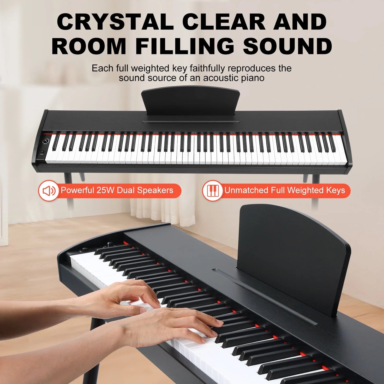 88 Key Digital Piano Keyboard Full-Size Semi-Weighted Electric Piano with Sustain Pedal, Music Rest, Black