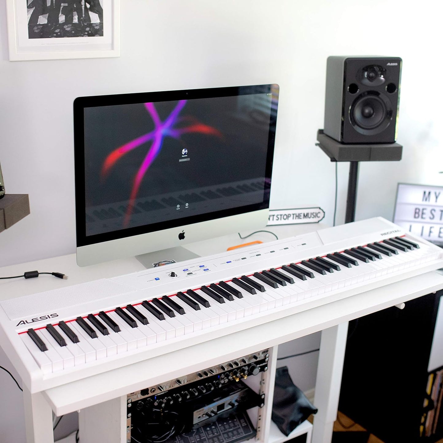 Recital White - 88 Key Digital Piano Keyboard with Semi-Weighted Keys, 2X20W Speakers, 5 Voices, Split, Layer and Lesson Mode, FX and Piano Lessons