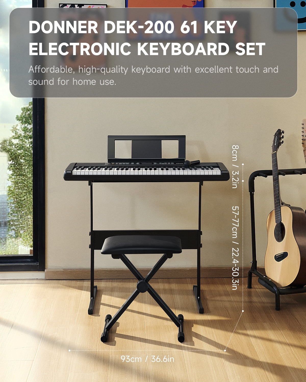 DEK-200 61-Key Piano Full-Size Electronic Keyboard Set, Auto Accompaniment, Metronome,, Includes 300 Tones, with Stand, Bench, Microphone