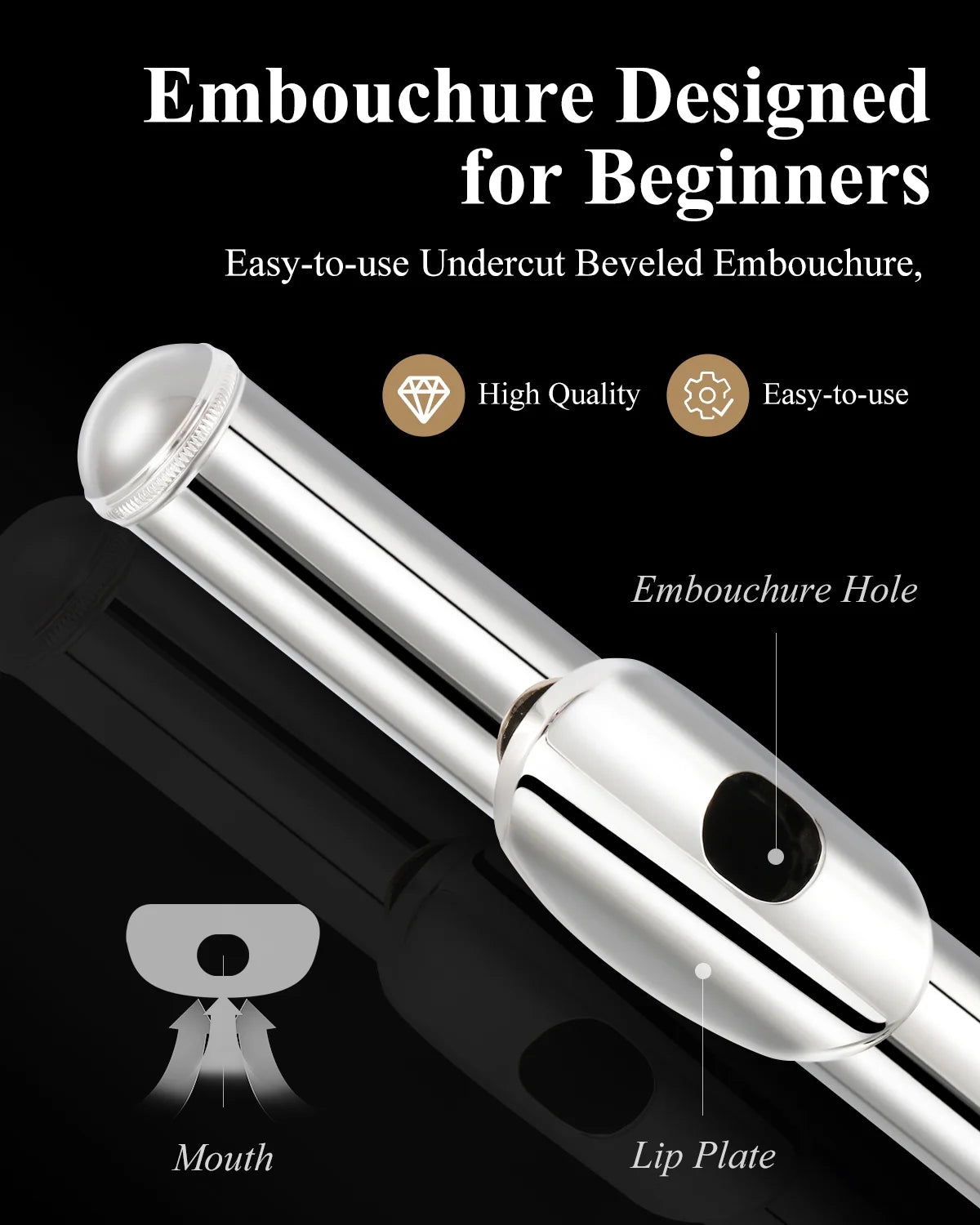 EFL-1 Nickel Plated C Flute for Beginner Students - 16 Key Closed Hole with Carrying Case, Stand, Full Cleaning Kit & Tuning Rod