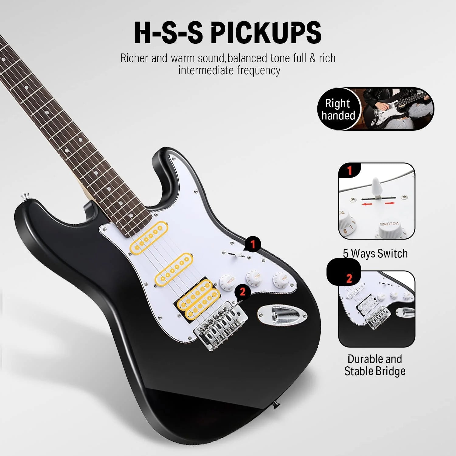DST-100B 39" Electric Guitar Beginner Kit Solid Body Full Size HSS for Starter, with Amplifier, Bag, Digital Tuner, Capo, Strap, String, Cable, Picks, Black