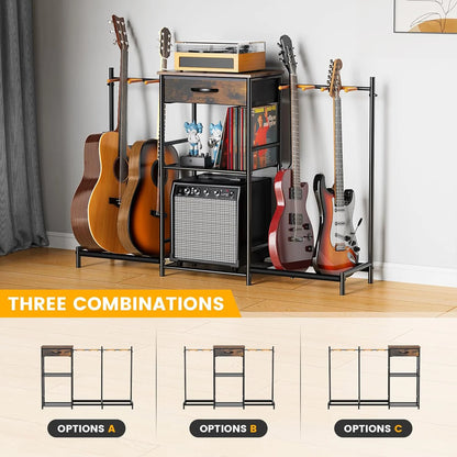 Guitar Stands Floor with 4 Guitar Holders, 3-Tier Guitar Rack with Amp Stand & Cloth Drawer, Floor Adjustable Guitar Holder Display for Music Room Home Studio