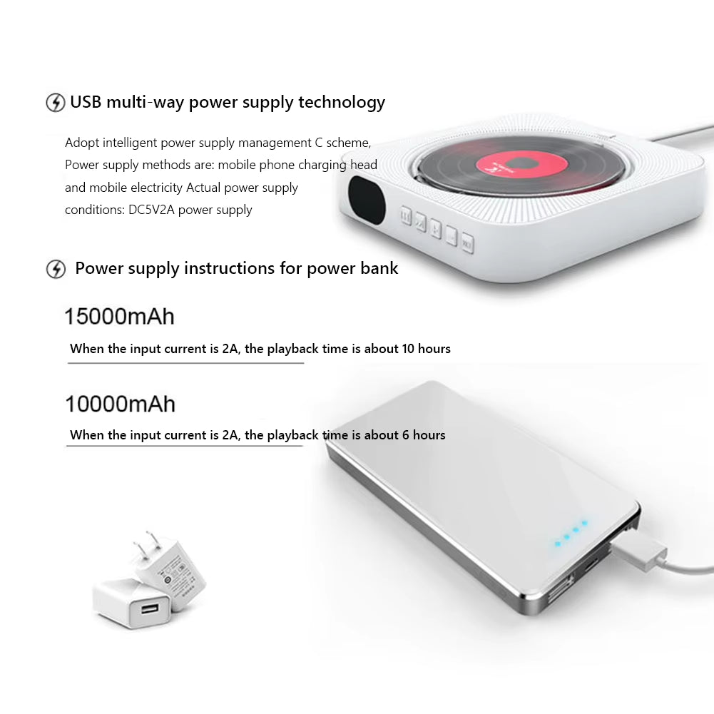 Portable CD Music Player Wall Mounted Bluetooth-Compatible 5.1 Music Player LED Display 3.5Mm Music Player FM Radio with Bracket