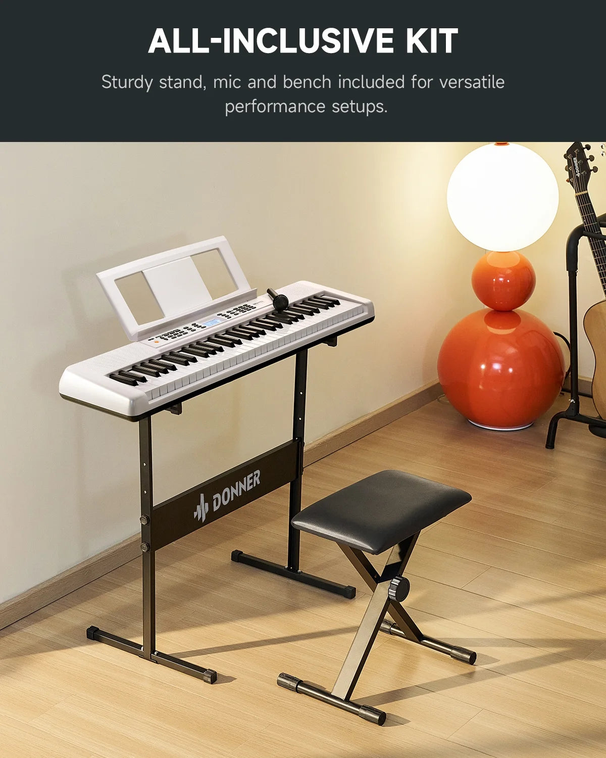 DEK-200 61 Key Electronic Piano Keyboard Set, Auto Accompaniment, Record, Includes 300 Tones, with Stand, Bench, Microphone, White