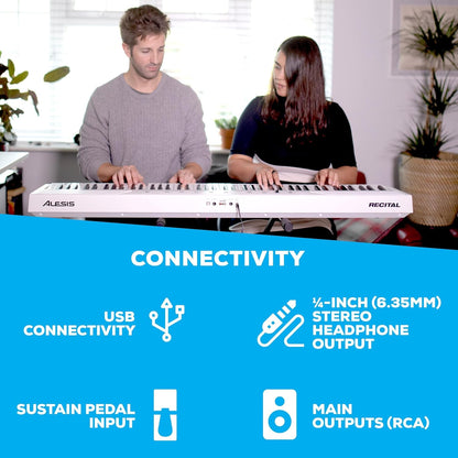 Recital White - 88 Key Digital Piano Keyboard with Semi-Weighted Keys, 2X20W Speakers, 5 Voices, Split, Layer and Lesson Mode, FX and Piano Lessons