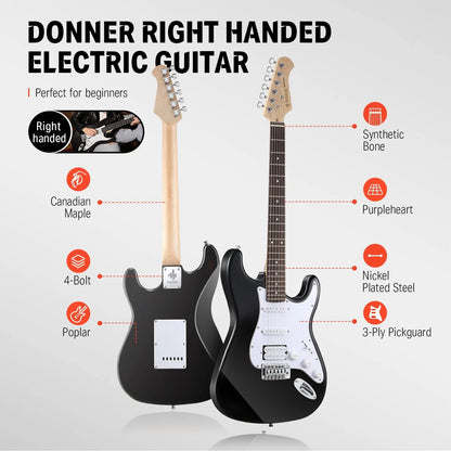 DST-100B 39" Electric Guitar Beginner Kit Solid Body Full Size HSS for Starter, with Amplifier, Bag, Digital Tuner, Capo, Strap, String, Cable, Picks, Black