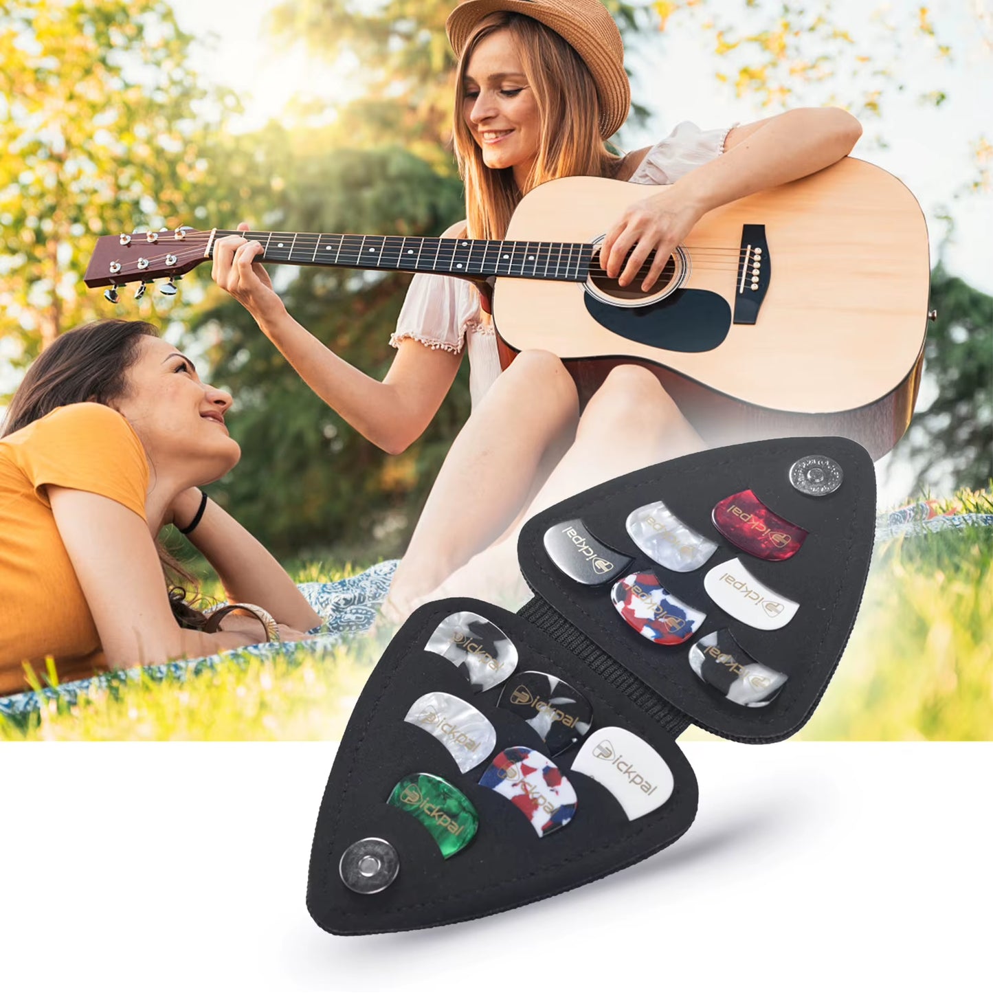 Guitar Picks Holder Case for Acoustic Electric Guitar Includes 12 PCS Guitar Picks Leather Guitar Plectrums Storage Pouch Guitar