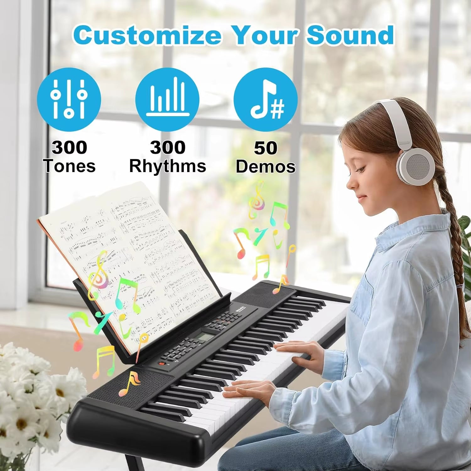 Keyboard Piano Digital Piano 61 Keys, Electric Piano Keyboard for Beginners, 300 Sounds & Teaching Function, Electronic Keyboard
