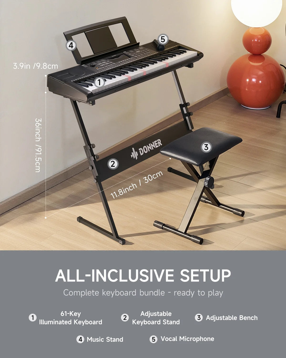 DEK-300 61-Key LED Electronic Keyboard Piano with Interactive Light-Up Keys – All-In-One Bundle with Stand & Bench, 500 Timbres, 300 Rhythms, Teaching Mode for Beginners